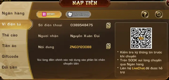 Nạp tiền Iwin thông qua ví điện tử có những loại nào 