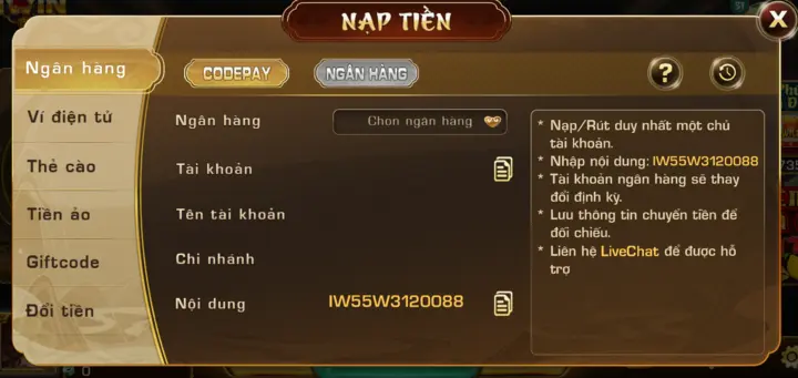 Quy trình Nạp tiền Iwin qua tài khoản ngân hàng 